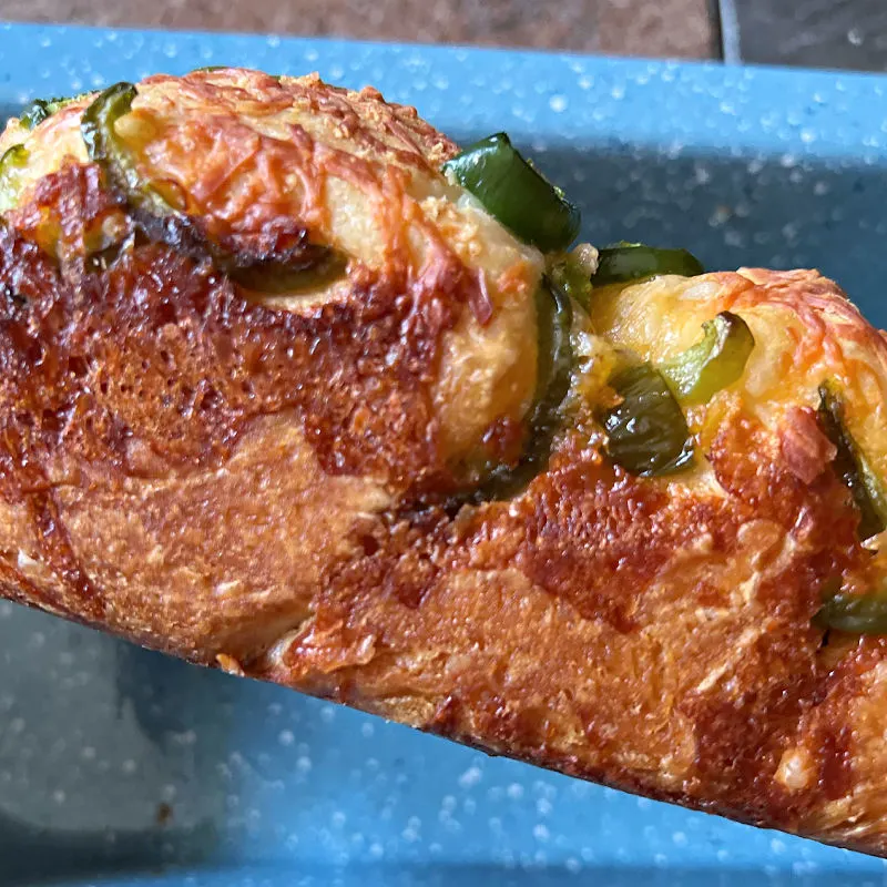 cheddar jalapeño bread from the side; it slides right out of the pan