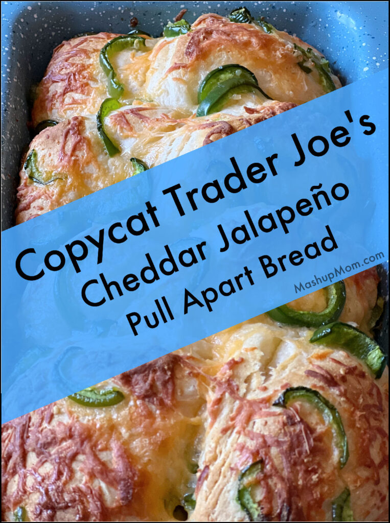 Copycat trader joe's pull-apart bread showing cheddar jalapeño loaf in its pan