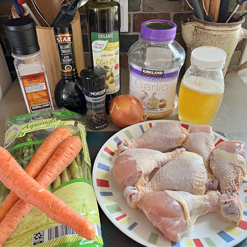 sheet pan chicken drumsticks with carrots and asparagus ingredients
