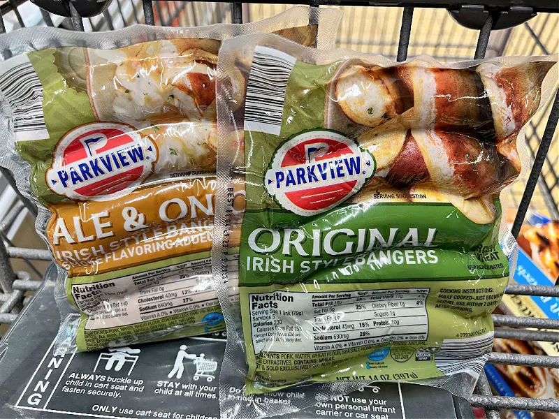 irish bangers two varieties in a cart