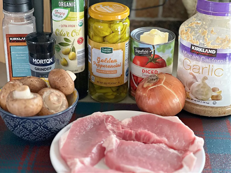 pepperoncini pork chops ingredients on a counter