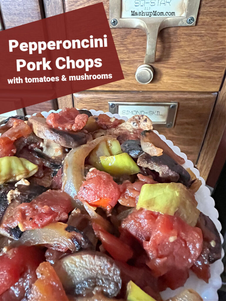 pepperoncini pork chops on a plate by a card catalog