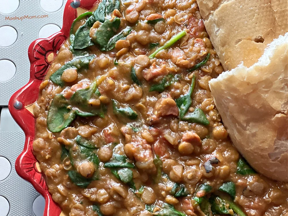 ham bone & lentil stew in a bowl with bread