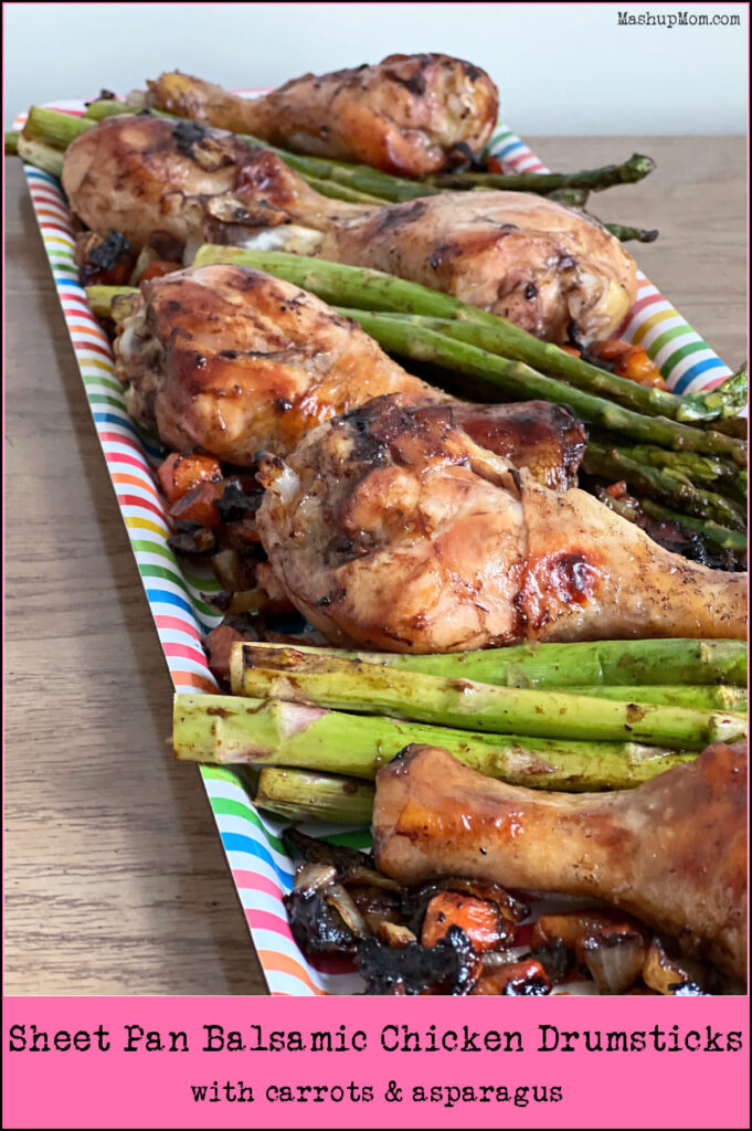 sheet pan balsamic chicken drumsticks with carrots and asparagus