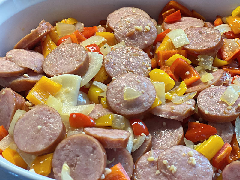 add the sausage and peppers to the dish