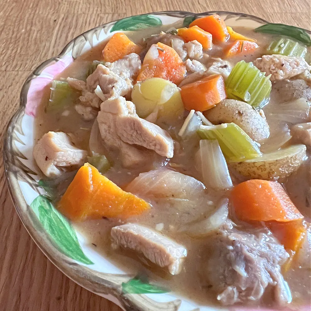 bowl of chicken stew with lots of veggies
