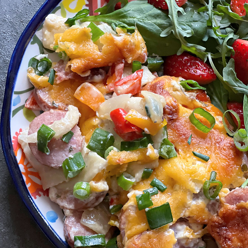 sausage peppers and onions pierogi casserole