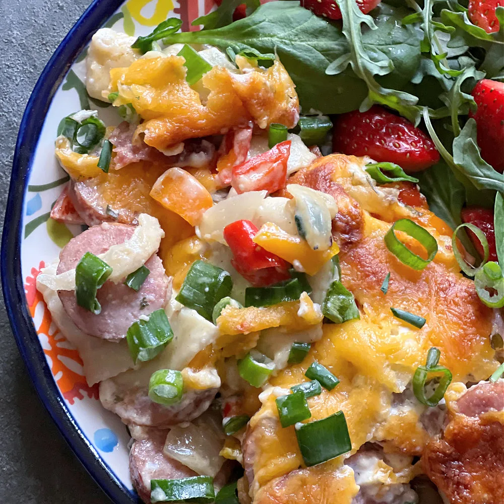 plate of cheesy pierogi casserole 