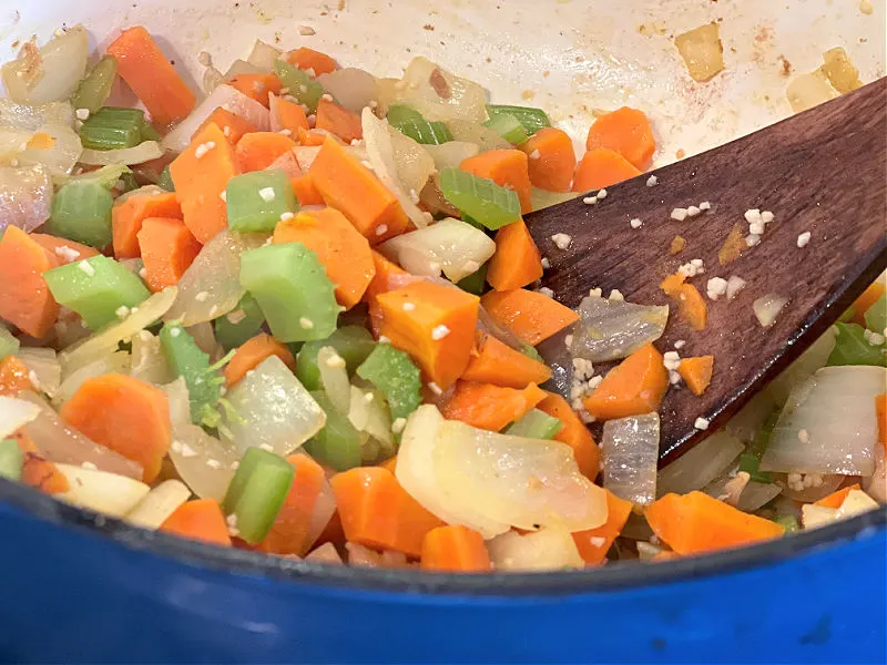 sauteed onions, carrots, celery, and garlic