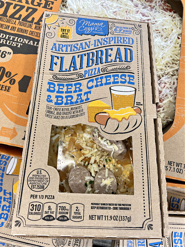 beer cheese and brat flatbread pizza