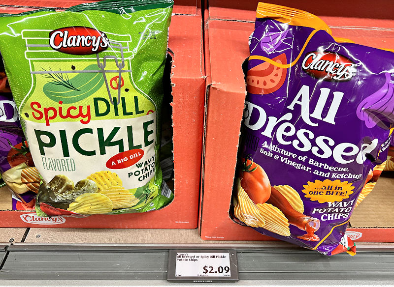 spicy dill pickle and all dressed potato chip bags