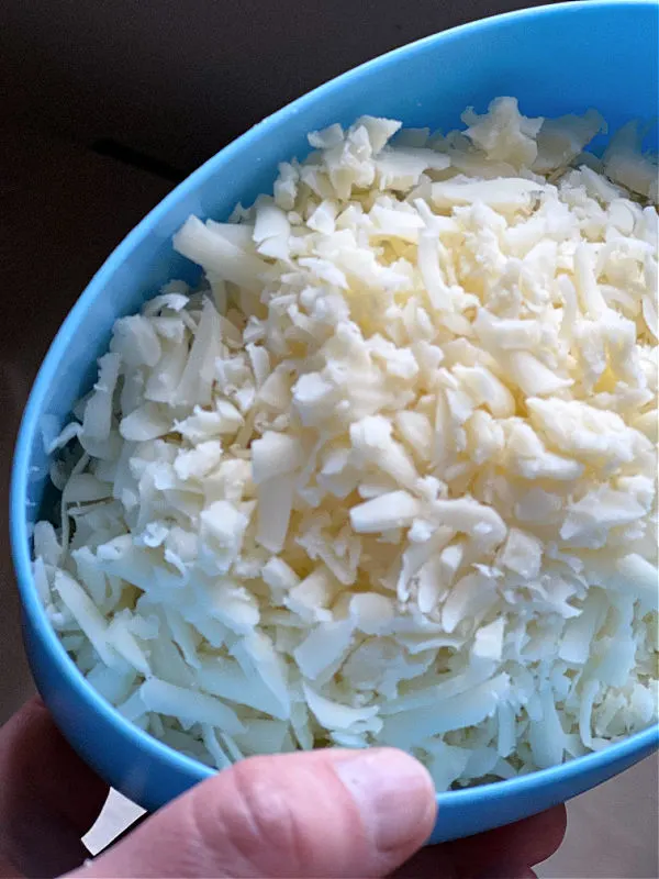 shredded mozzarella in a blue container