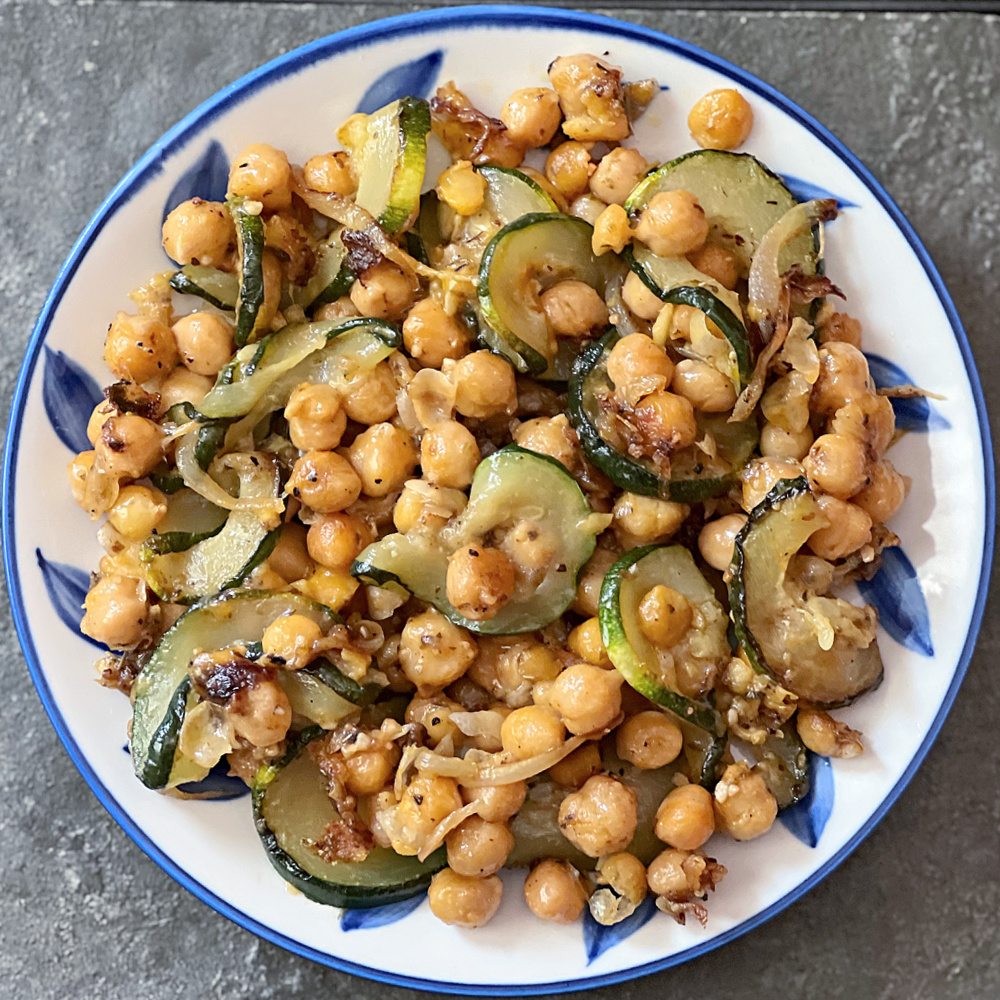 plate of cheddar chickpeas and zucchini