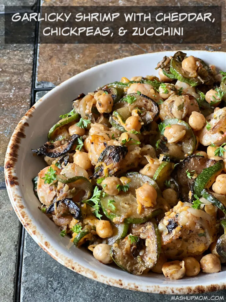 garlicky shrimp with cheddar, chickpeas, and zucchini