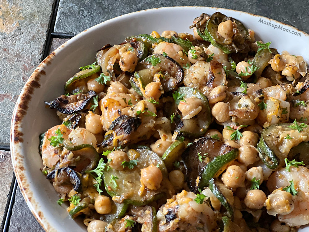 shrimp with zucchini chickpeas and cheddar