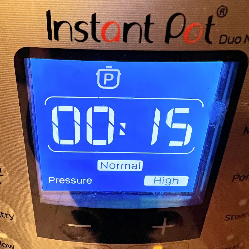 instant pot showing 15 minutes of cook time