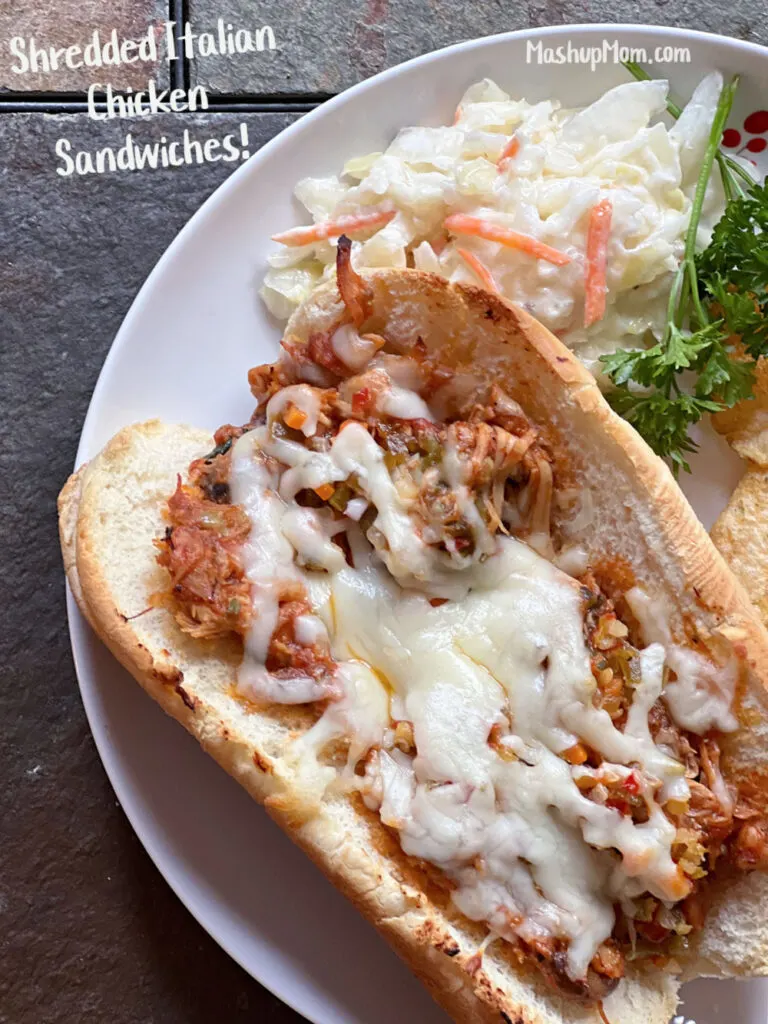 shredded italian chicken sandwiches with coleslaw and chips