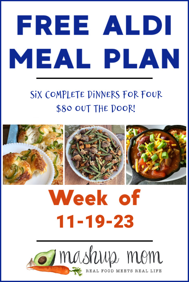 free aldi meal plan week of 11/19/23 -- six complete dinners for four, $80 out the door